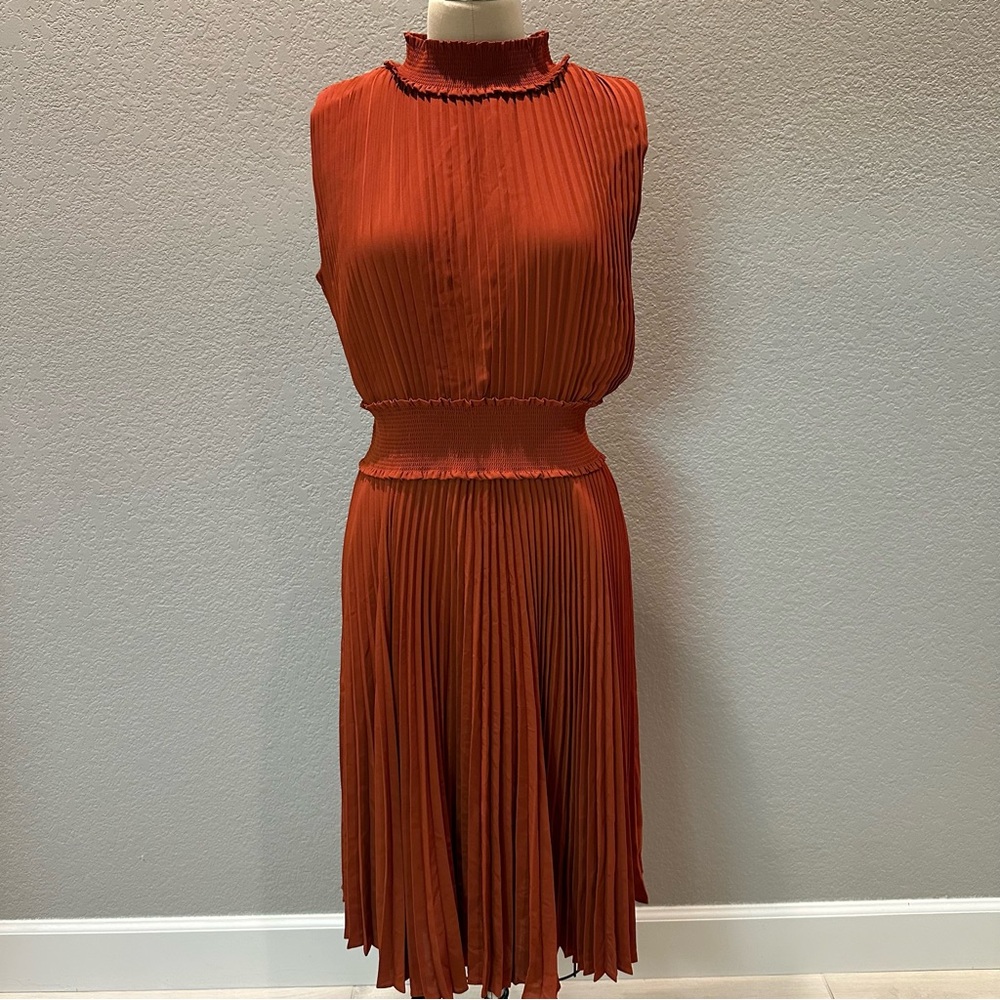 Sleeveless Pleated Midi Dress in Rust